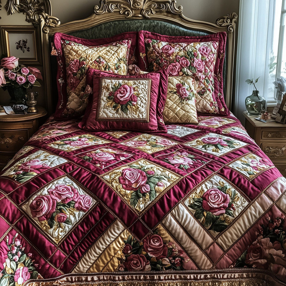 Romantic Rose Elegance quilted 3-piece bedding set on a made bed with two matching pillow shams
