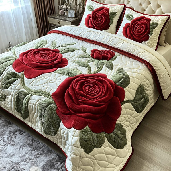 Romantic Rose quilted 3-piece bedding set on a made bed with two matching pillow shams