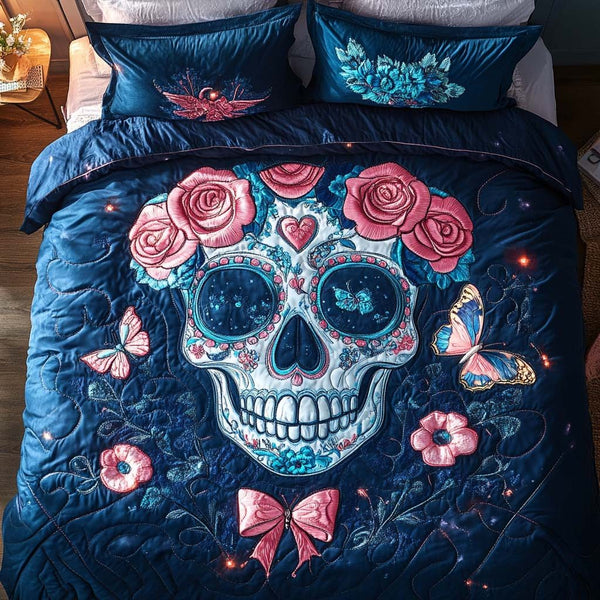 Romantic Skull quilted 3-piece bedding set on a made bed against a dark styled interior