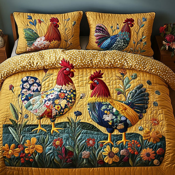 Rooster Bliss quilted 3-piece bedding set on a made bed with two matching pillow shams