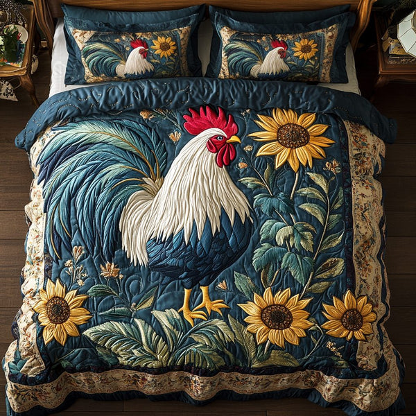 Rooster Bloom quilted 3-piece bedding set on a made bed with two matching pillow shams