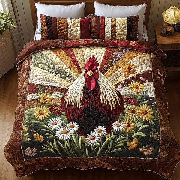 Rooster Bloom quilted 3-piece bedding set on a made bed with two matching pillow shams