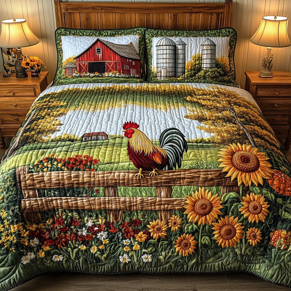 Rooster Call quilted 3-piece bedding set on a made bed with two matching pillow shams
