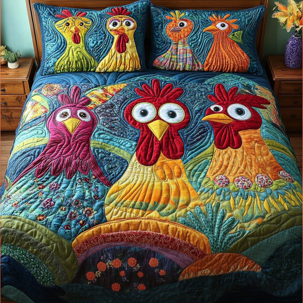 Rooster Call quilted 3-piece bedding set on a made bed with two matching pillow shams