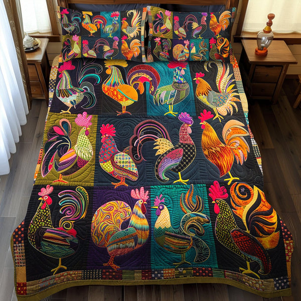 Rooster Fiesta quilted 3-piece bedding set on a made bed with two matching pillow shams