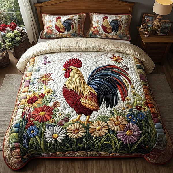 Rooster Garden quilted 3-piece bedding set on a made bed with two matching pillow shams