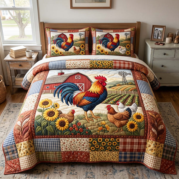 Rooster Harvest quilted 3-piece bedding set on a made bed with two matching pillow shams