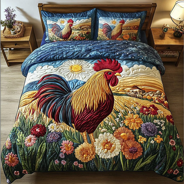 Rooster Majesty quilted 3-piece bedding set on a made bed with two matching pillow shams