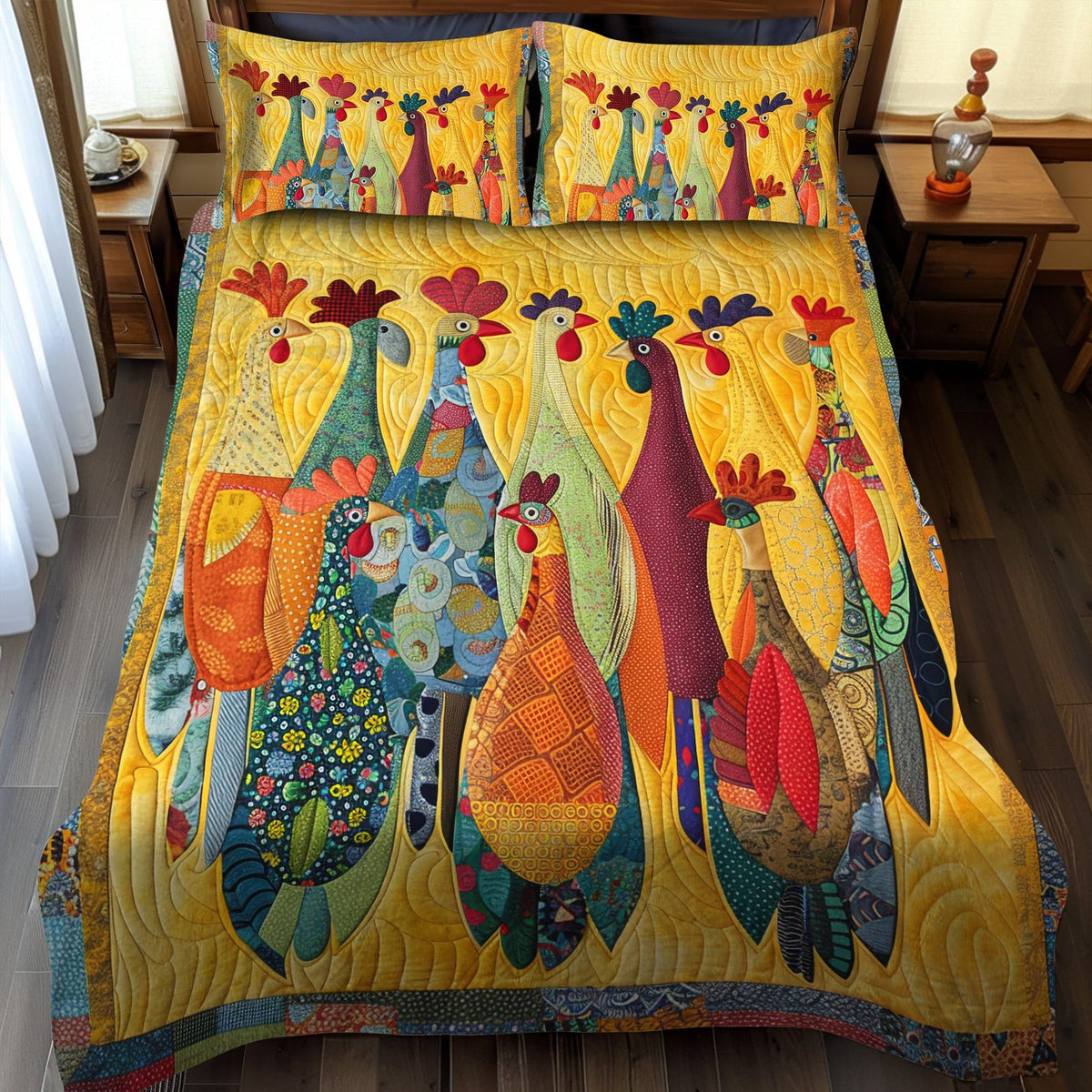 Rooster Meeting quilted 3-piece bedding set on a made bed with two matching pillow shams