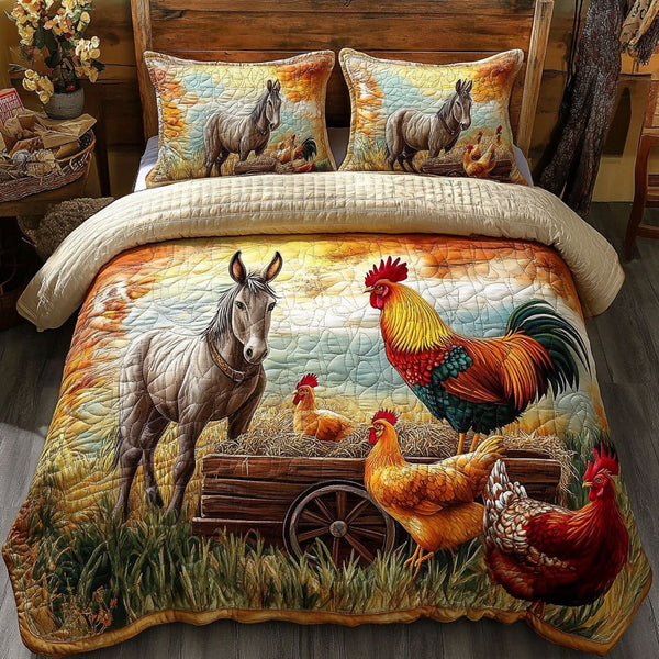 Rooster Nest quilted 3-piece bedding set on a made bed with two matching pillow shams