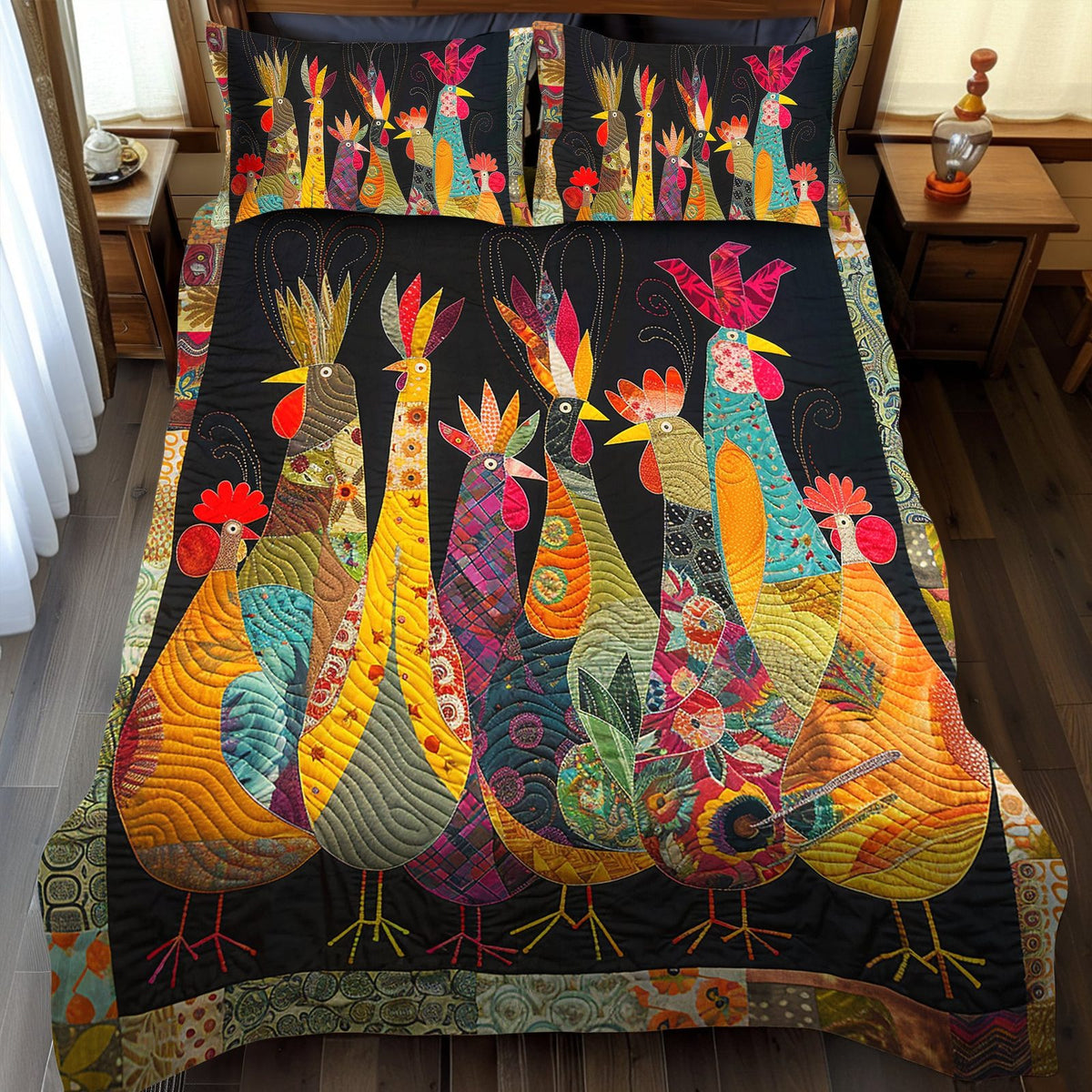 Rooster Night quilted 3-piece bedding set on a made bed with two matching pillow shams