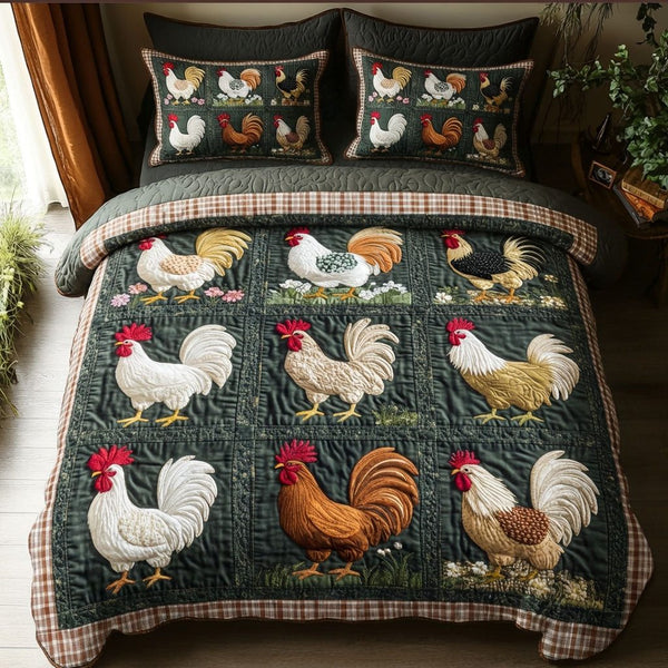 Rooster Parade quilted 3-piece bedding set on a made bed with two matching pillow shams