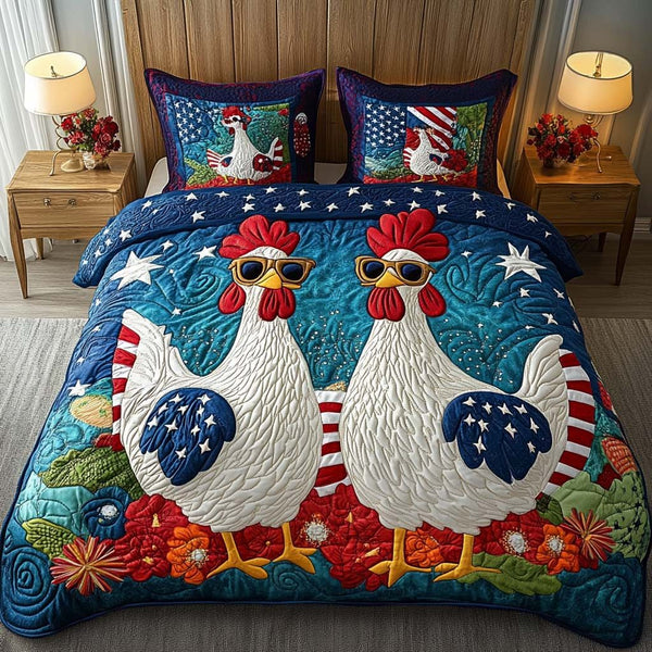 Rooster Parade quilted 3-piece bedding set on a made bed with two matching pillow shams