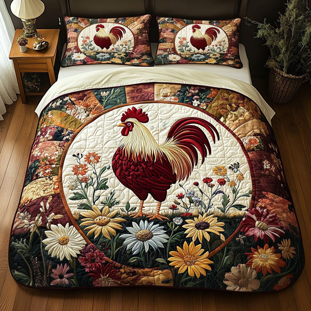 Rooster Parade quilted 3-piece bedding set on a made bed with two matching pillow shams