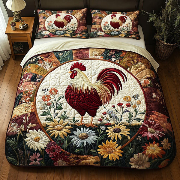 Rooster Parade quilted 3-piece bedding set on a made bed with two matching pillow shams