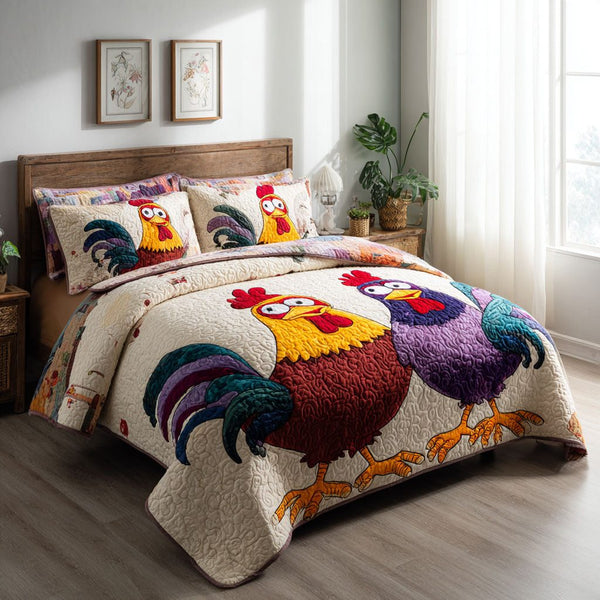 Rooster Patch quilted 3-piece bedding set on a made bed with two matching pillow shams