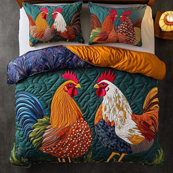 Rooster Pride quilted 3-piece bedding set on a made bed with two matching pillow shams
