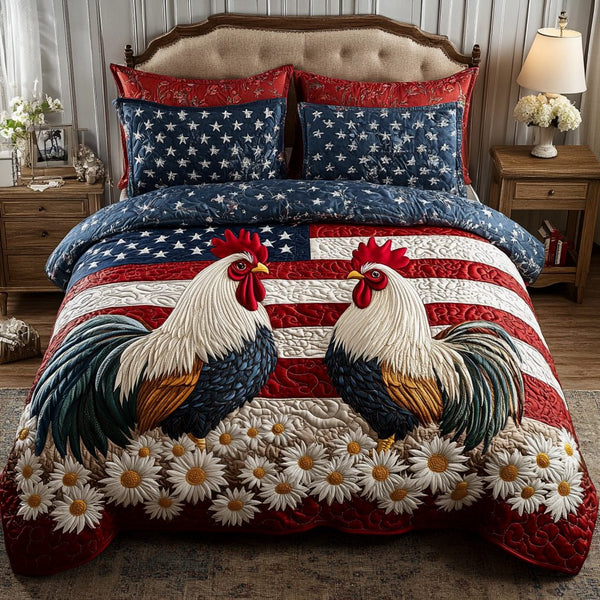 Rooster Pride quilted 3-piece bedding set on a made bed with two matching pillow shams