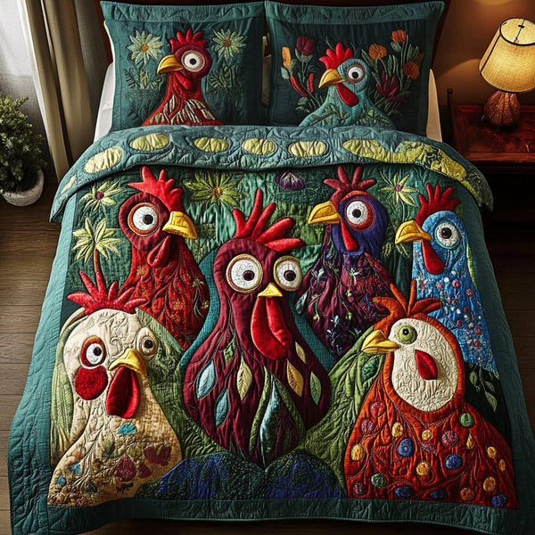 Rooster Riot quilted 3-piece bedding set on a made bed with two matching pillow shams