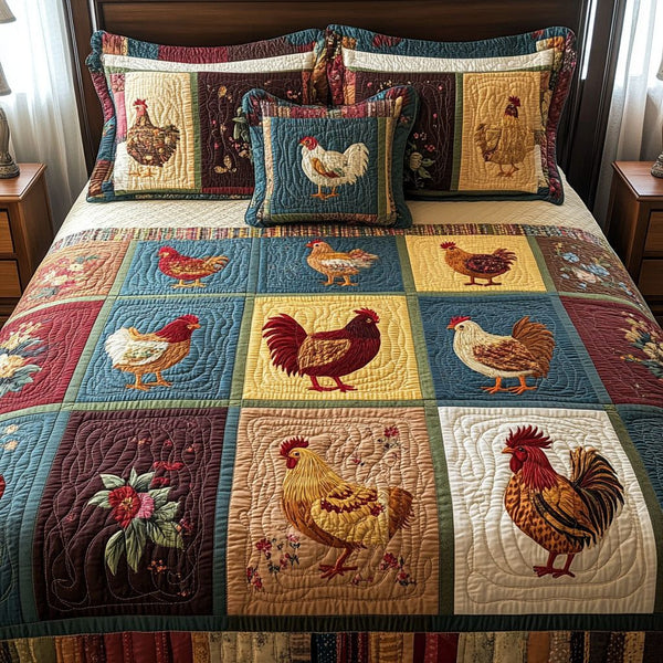 Rooster Royale quilted 3-piece bedding set on a made bed with two matching pillow shams