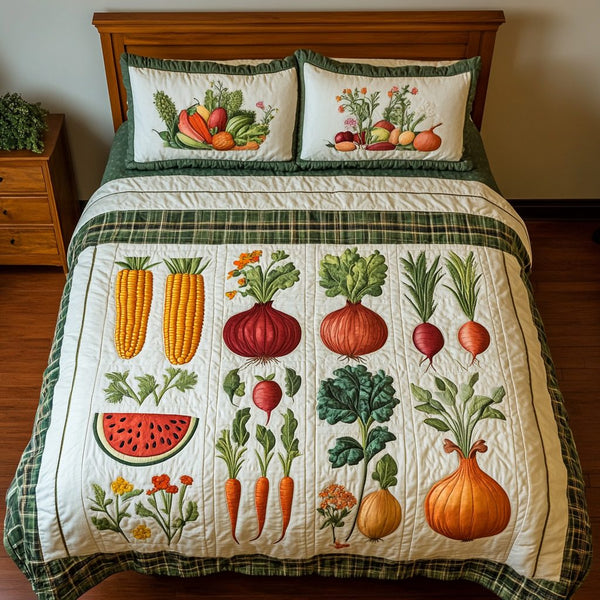 Root Revival quilted 3-piece bedding set on a made bed with two matching pillow shams