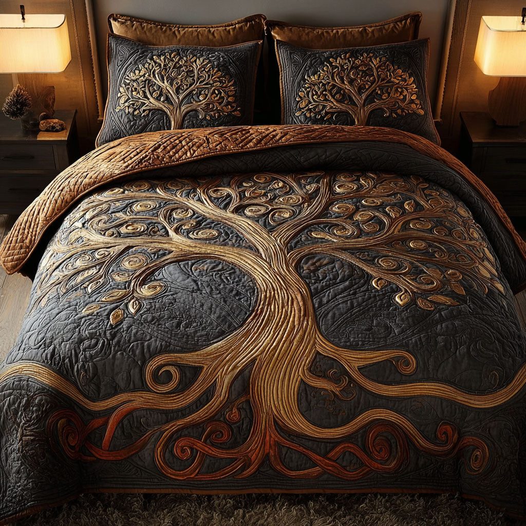 Rooted Glow quilted 3-piece bedding set on a made bed with two matching pillow shams