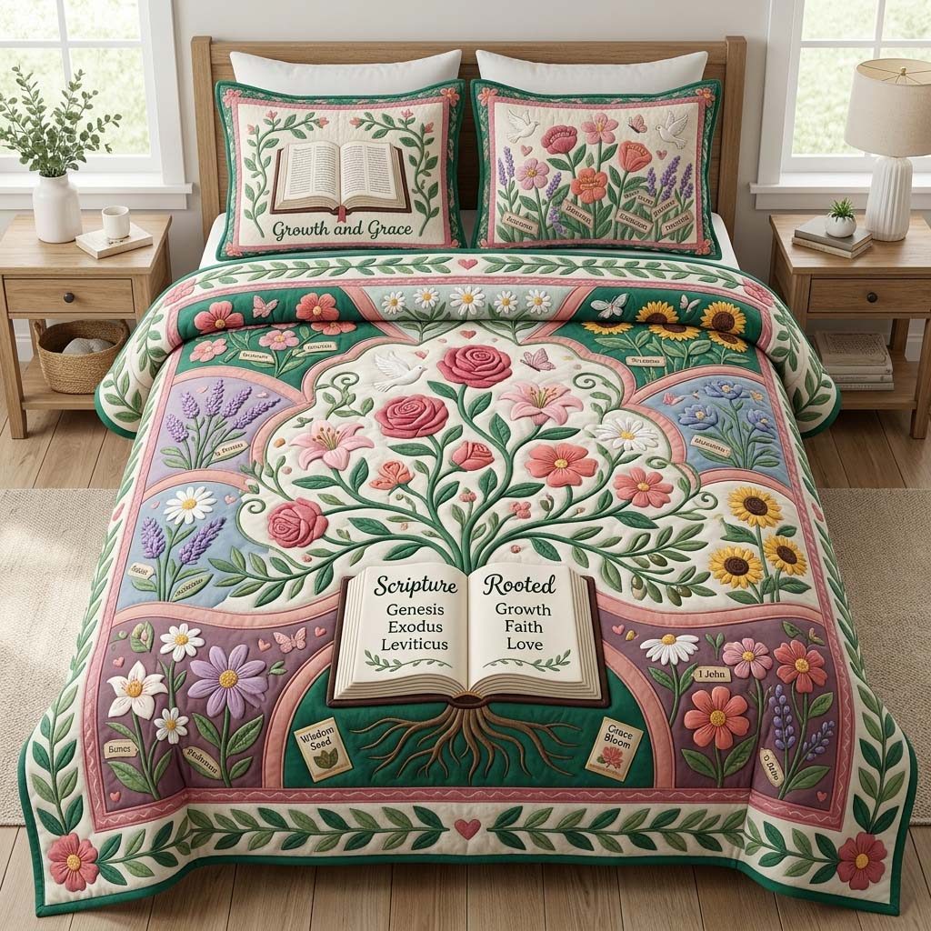 Rooted Grace quilted 3-piece bedding set on a made bed with two matching pillow shams