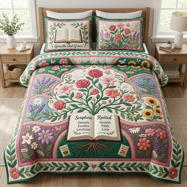 Rooted Grace quilted 3-piece bedding set on a made bed with two matching pillow shams