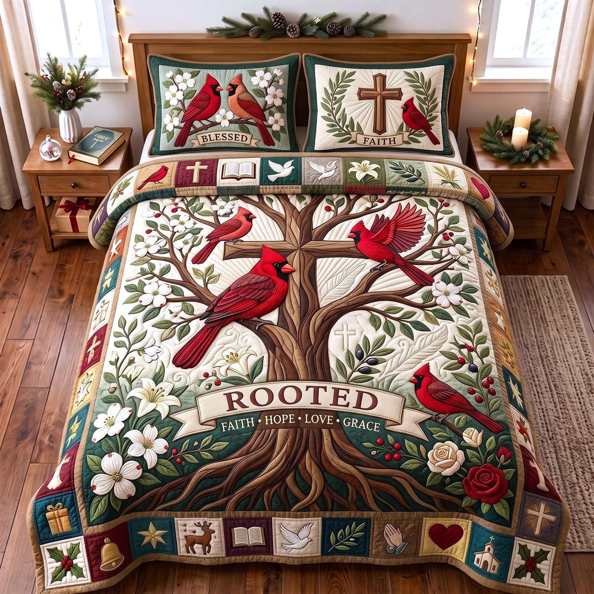 Rooted Grace quilted 3-piece bedding set on a made bed with two matching pillow shams