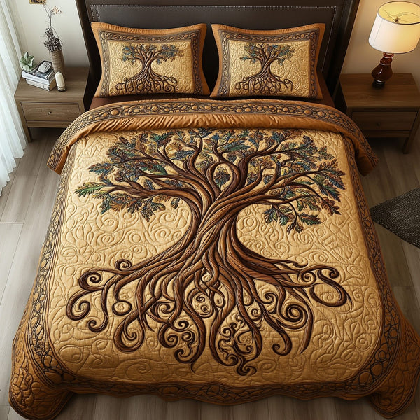 Rooted Harmony quilted 3-piece bedding set on a made bed with two matching pillow shams