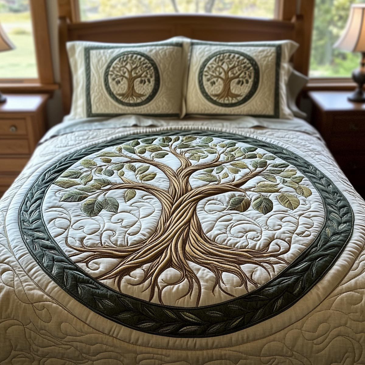 Rooted Harmony quilted 3-piece bedding set on a made bed with two matching pillow shams
