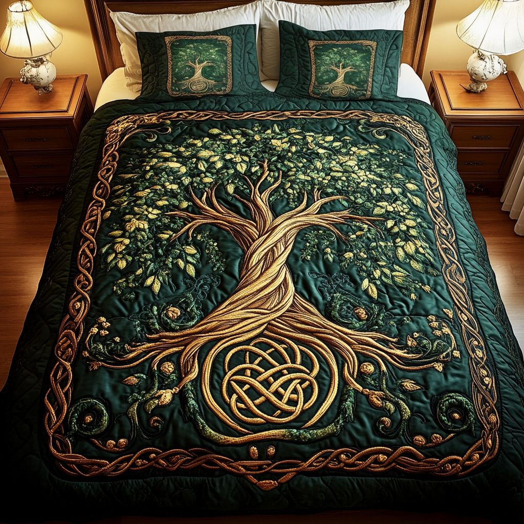 Rooted Harmony quilted 3-piece bedding set on a made bed with two matching pillow shams