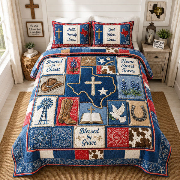 Rooted In Christ Texas Patchwork quilted 3-piece bedding set on a made bed in a softly lit bedroom