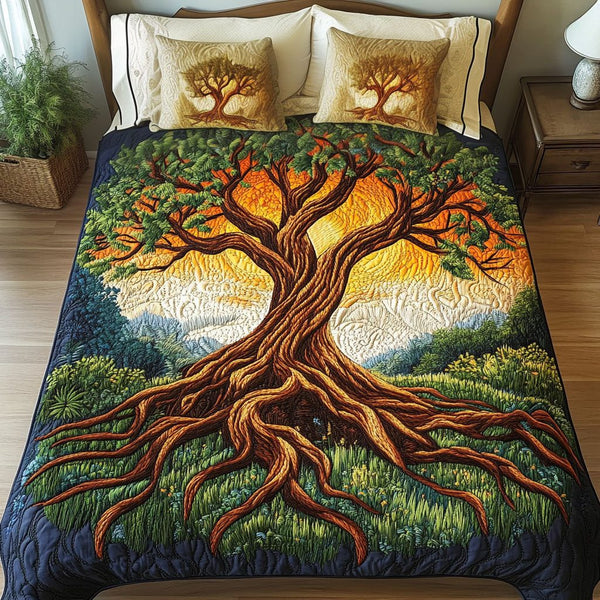 Rooted in Sunshine quilted 3-piece bedding set on a made bed with two matching pillow shams