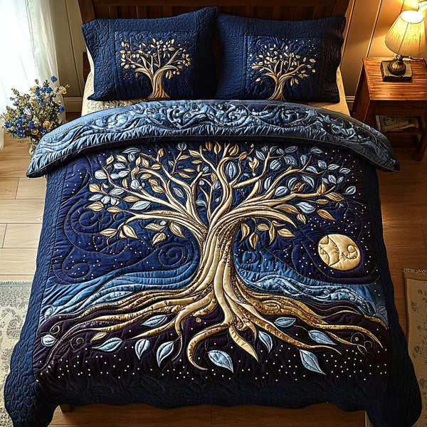 Rooted Light quilted 3-piece bedding set on a made bed with two matching pillow shams