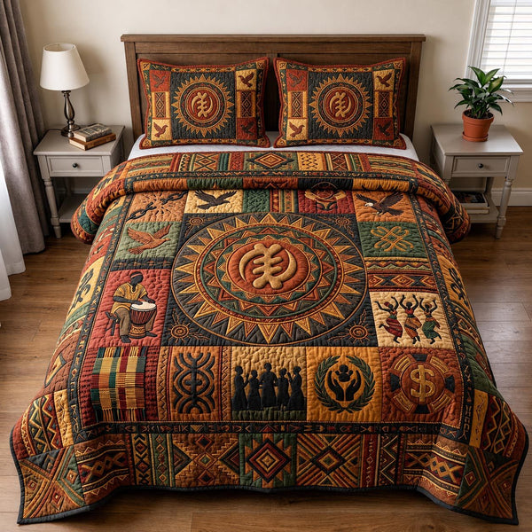 Rooted Soul quilted 3-piece bedding set on a made bed with two matching pillow shams