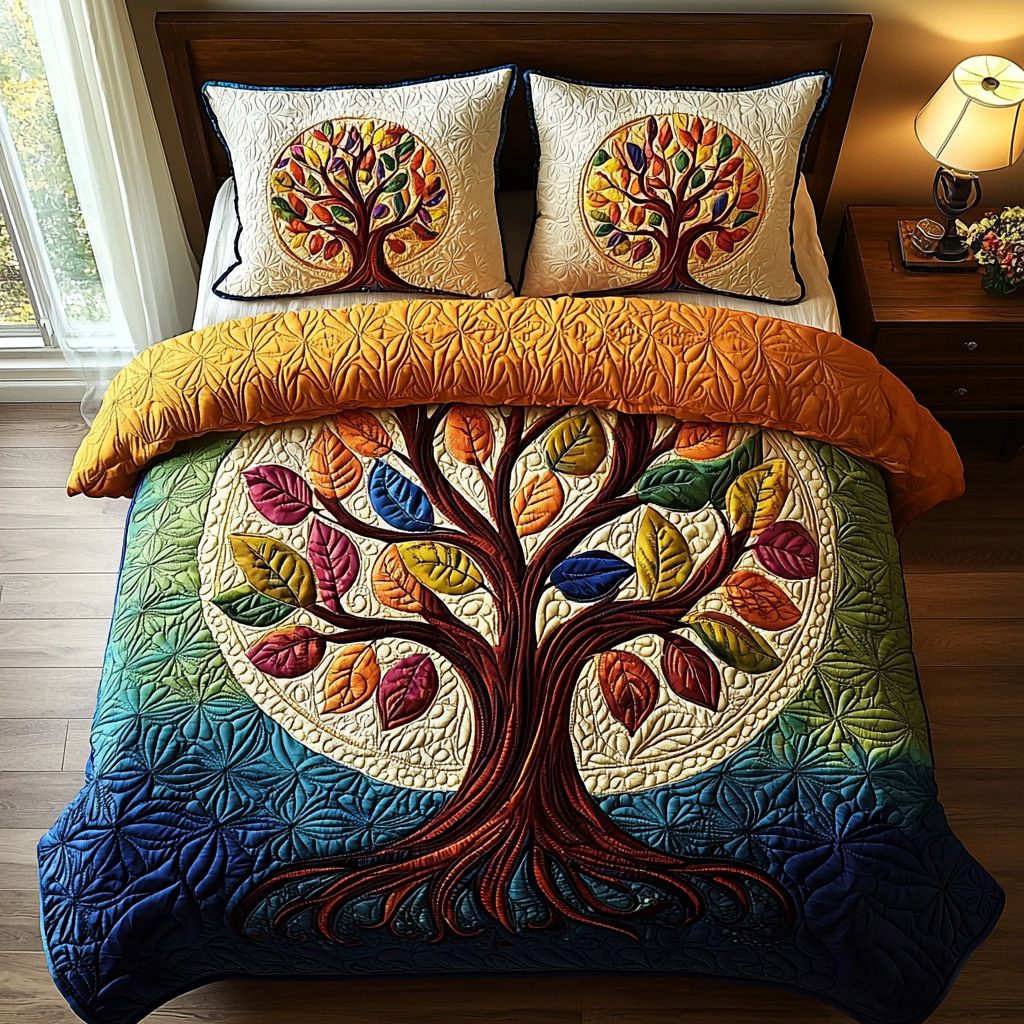 Rooted Soul quilted 3-piece bedding set on a made bed with two matching pillow shams