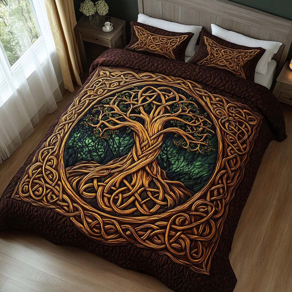 Rooted Soul quilted 3-piece bedding set on a made bed with two matching pillow shams