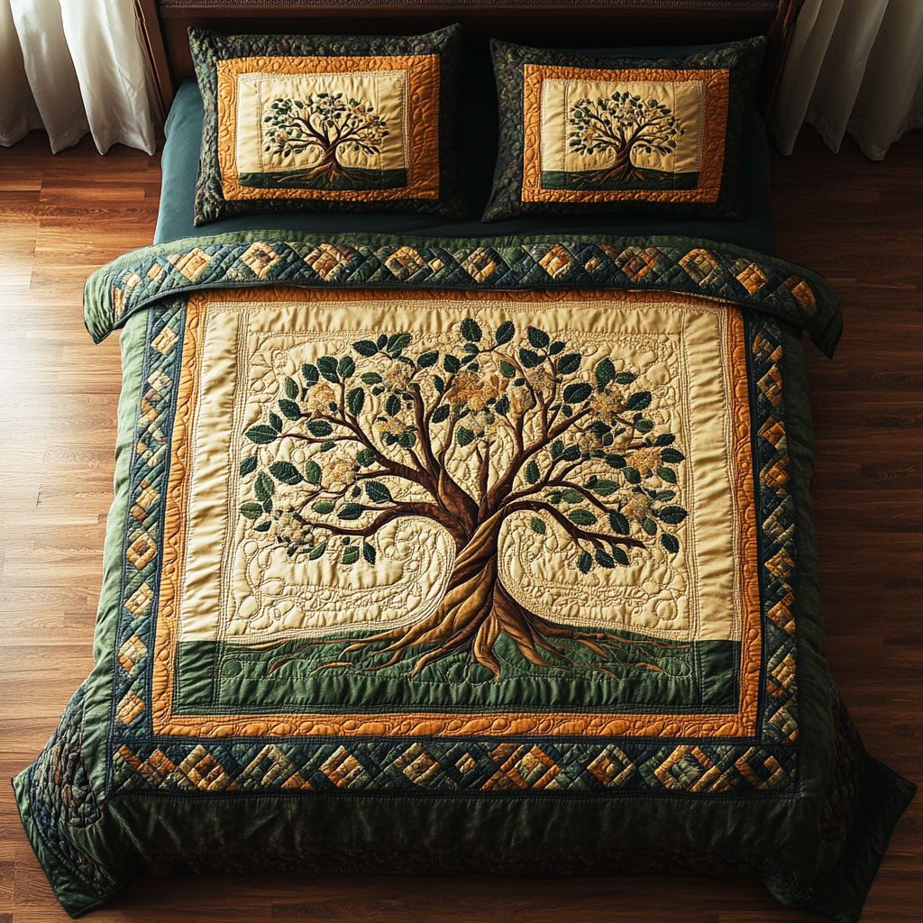 Rooted Soul quilted 3-piece bedding set on a made bed with two matching pillow shams