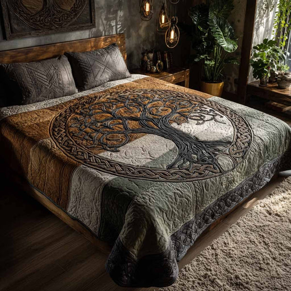 Rooted Spirit quilted 3-piece bedding set on a made bed with two matching pillow shams