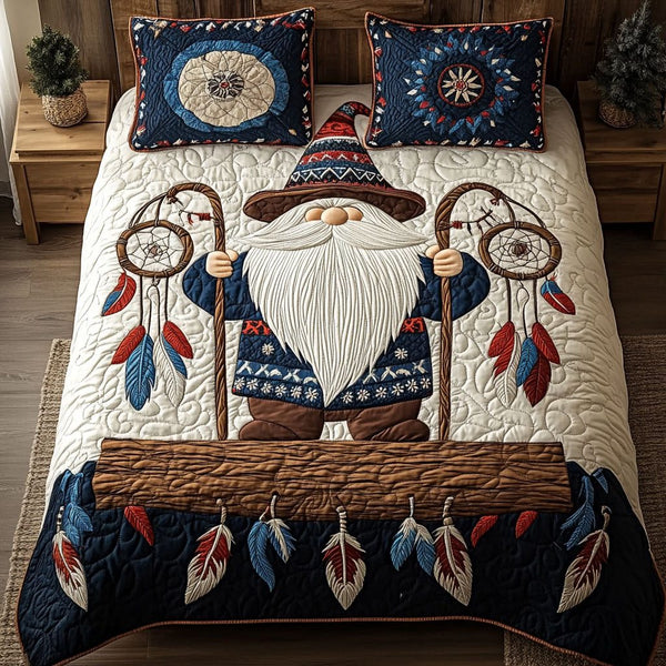 Rooted Wanderer quilted 3-piece bedding set on a made bed with two matching pillow shams