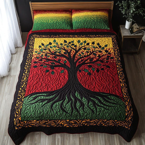Roots of Freedom quilted 3-piece bedding set on a made bed in a warmly lit bedroom