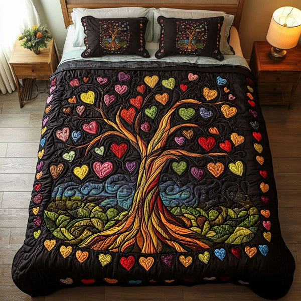 Roots of Passion quilted 3-piece bedding set on a made bed with two matching pillow shams