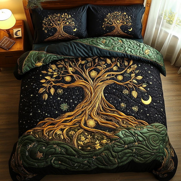 Roots Of Peace quilted 3-piece bedding set on a made bed with two matching pillow shams