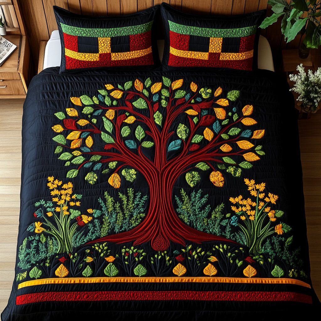 Roots of Resilience quilted 3-piece bedding set on a made bed with two matching pillow shams