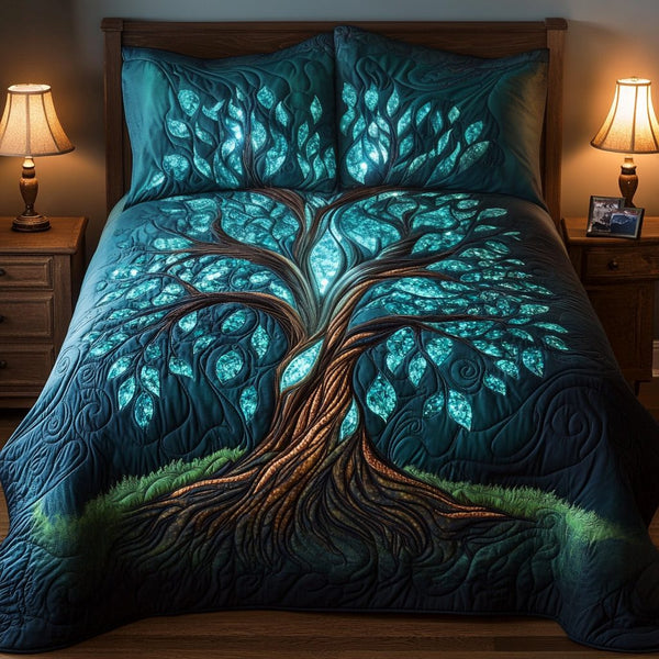 Roots of Serenity quilted 3-piece bedding set on a made bed with two matching pillow shams