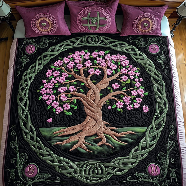 Roots of Tranquility quilted 3-piece bedding set on a made bed with two matching pillow shams