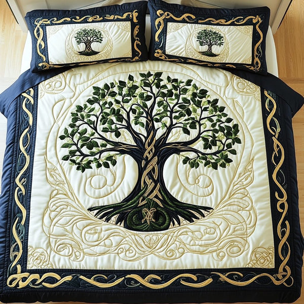 Roots of Tranquility quilted 3-piece bedding set on a made bed with two matching pillow shams