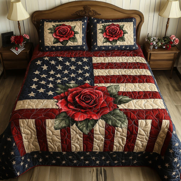 Rose and Glory quilted 3-piece bedding set on a made bed with two matching pillow shams