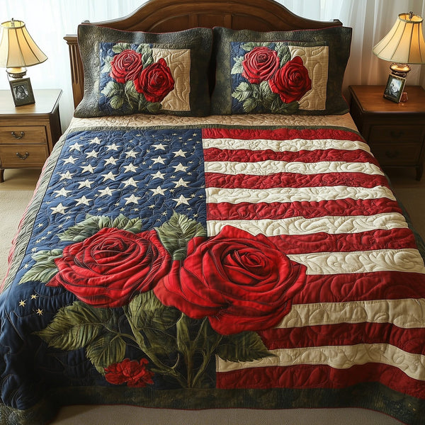 Rose and Glory quilted 3-piece bedding set on a made bed with two matching pillow shams